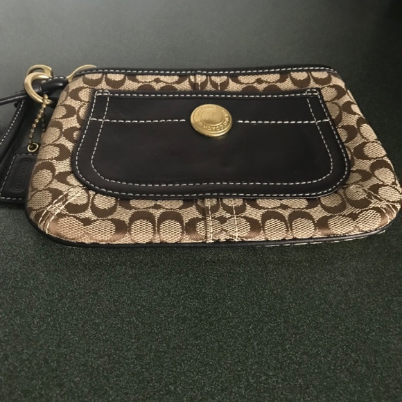 Coach Brown Canvas Leather Sig C Corner Zip Wristlet Mini Pouch - Picture 15 of 16